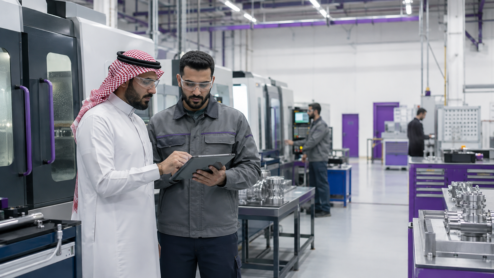 مدير إنتاج ومشرف تشغيل يتابعان خطة التصنيع بجوار مراكز العمل