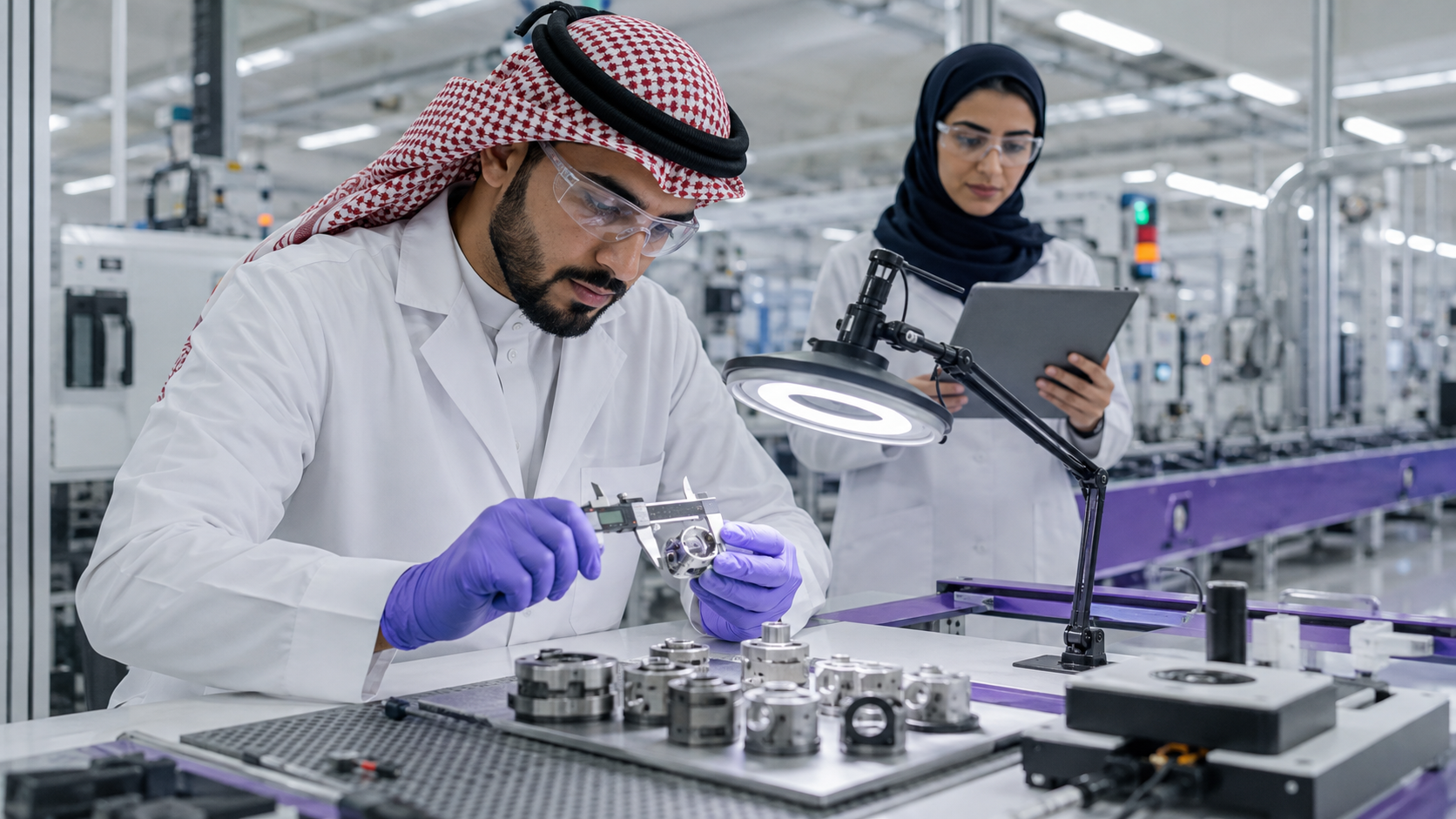 مهندسا جودة يفحصان مكوناً مصنعاً بأدوات قياس دقيقة ويسجلان النتائج